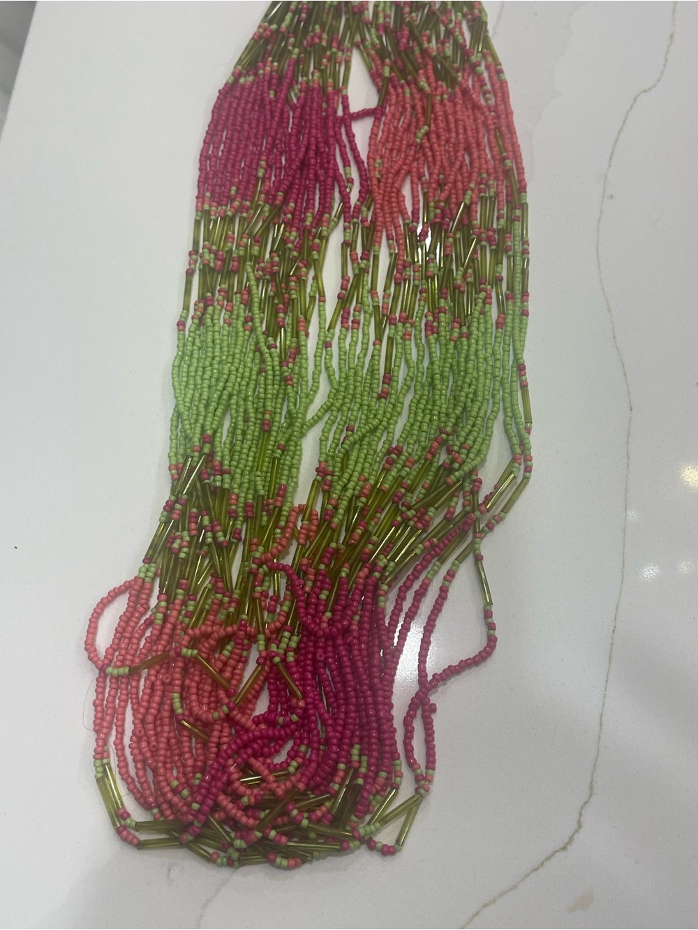 Handcrafted Multistrand Seed Bead Necklace in Pink and Green